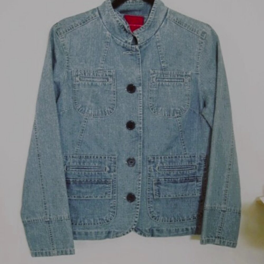 GLORIA VANDERBILT~Womens Size PM~Blue Jean Denim Jacket~5 Button~Spandex~Pockets